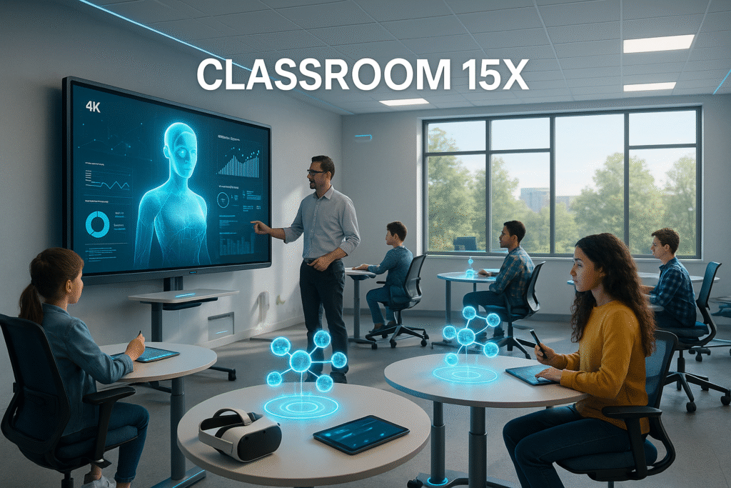 crate an image A cutting-edge, photorealistic smart classroom of the future: A bright, spacious room with modular furniture (adjustable standing desks, wheeled chairs, and collaborative round tables). Students and a teacher interact with a massive 4K interactive whiteboard displaying a holographic AI tutor and real-time learning analytics. Augmented reality (AR) projections float above tables showing 3D molecular structures in science class. A VR headset rests on a desk next to a tablet running adaptive learning software. Large windows flood the space with natural light, and IoT sensors subtly blend into walls. Modern, minimalist design with tech accents (neon blue highlights, wireless charging pads). Ultra-detailed, 8K resolution, cinematic lighting.